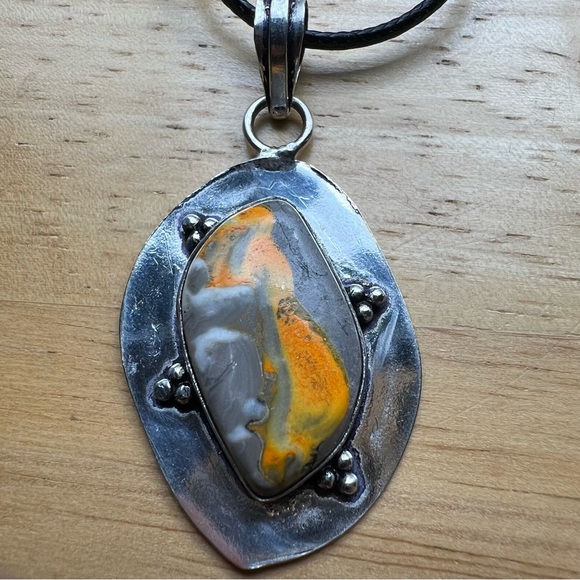 New Bumble Bee Jasper Stone Silver Overlay Pendant Necklace with Cord Bumblebee - Picture 1 of 7